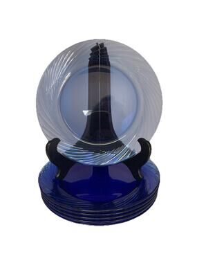 Vintage Pyrex Cobalt Blue Glass FESTIVA Swirl Salad Plates Set Of 6 USA Corelle